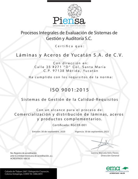 Certificado SGC Láminas y Aceros de Yucatán S.A de C.V.-1