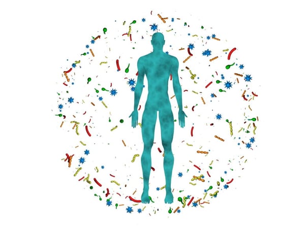 Cuerpo-masculino-hombre-rodeado-de-microbioma-nube-esférica-de-bacterias-virus-microbios.-Representación-3d-Poca-población-de-microbios-dispersos-