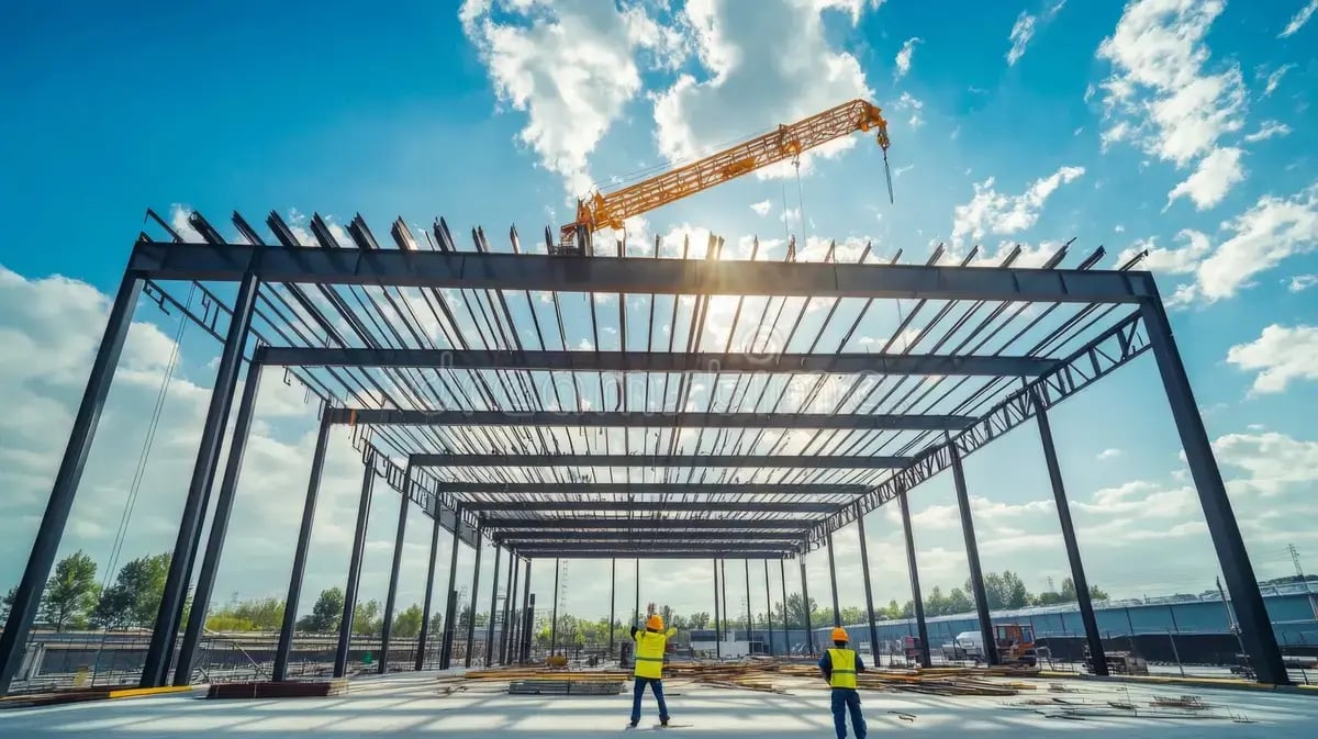 two-construction-workers-looking-up-steel-frame-building-335482064